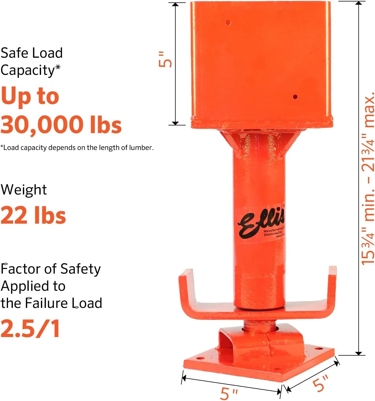 Ellis Manufacturing Adjustable Screw Jack - Ultra Strong Support Post, House Jack for Floor Leveling, Foundation, and Joist Stabilization - 30,000 Safe Load Capacity, 6” Adj. - Painted (6x6)