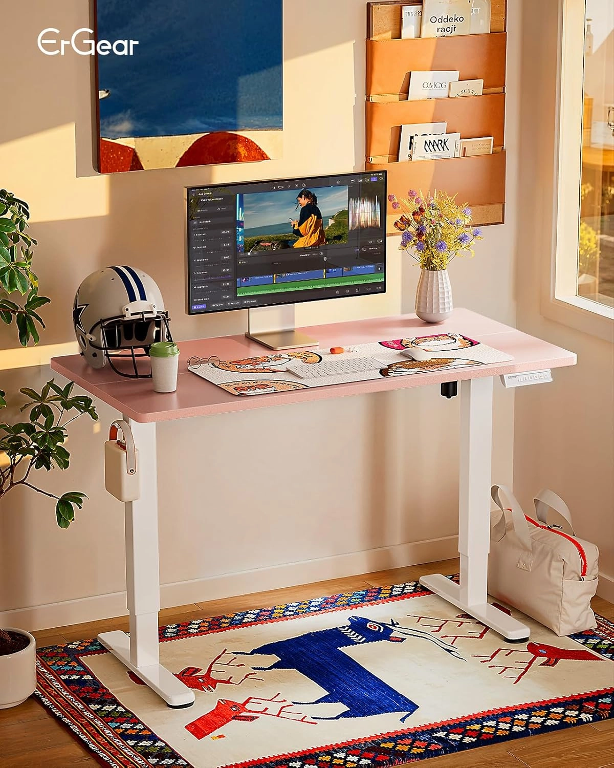 ErGear Height Adjustable Electric Standing Desk, 48 x 24 Inches Sit Stand up Desk, Memory Computer Home Office Desk with Pink Carbon Fiber Color Table Top Splice Board (Pink)