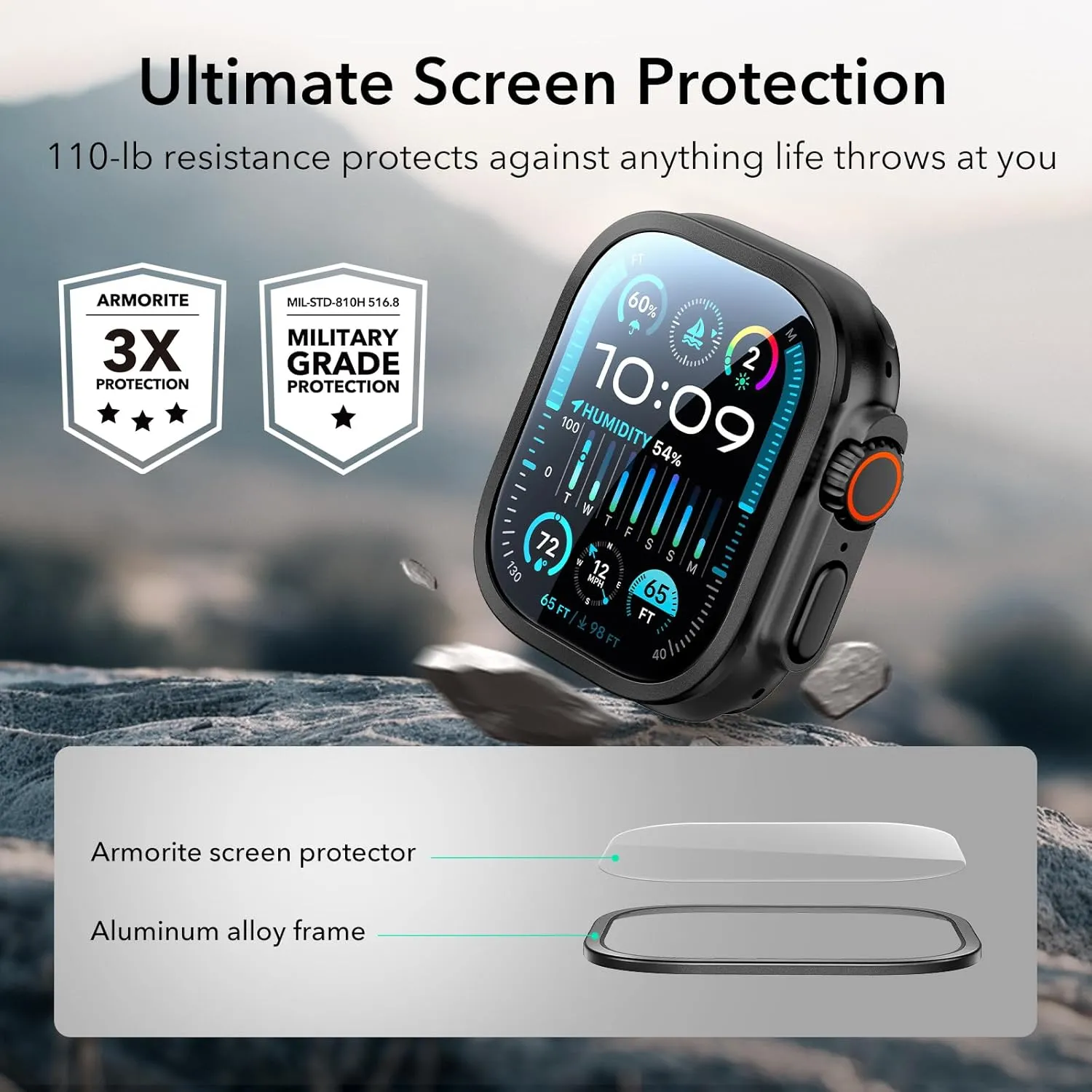 ESR 2 Pack Armorite Screen Protector for Apple Watch Ultra 2/1 (2024/2023/2022, 49 mm), Military Grade Protection, Tempered Glass Film with Aluminum Alloy Frame, Keep Original, Anti-Scratch, Black