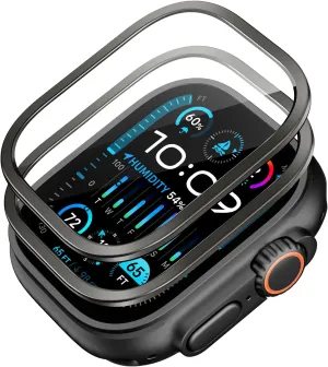 ESR 2 Pack Armorite Screen Protector for Apple Watch Ultra 2/1 (2024/2023/2022, 49 mm), Military Grade Protection, Tempered Glass Film with Aluminum Alloy Frame, Keep Original, Anti-Scratch, Black