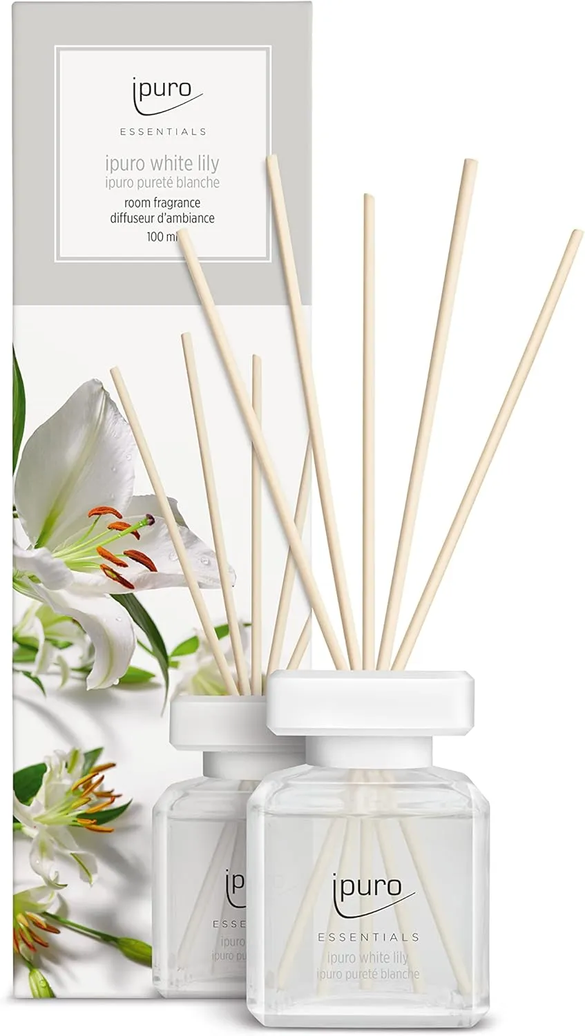 Essentials White Lily Room Fragrance 100 ml | Room Freshener with Peach, Lily of The Valley, Jasmine, Clove, White Musk & Cedar Wood Fragrance Aroma | Diffuser with Sticks | Air Freshener for