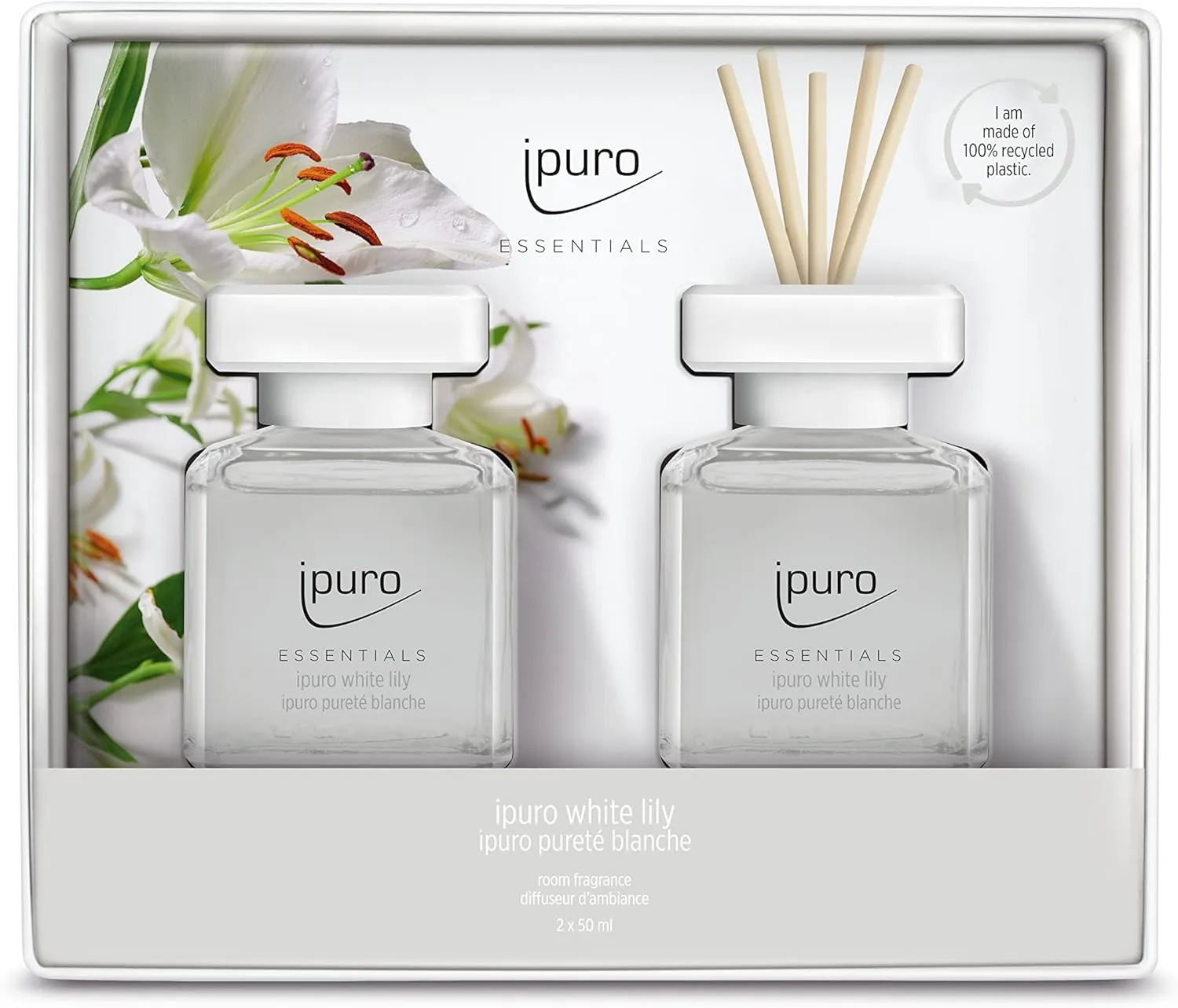 Essentials White Lily, Room Freshener with Peach, Lily of the Valley, Jasmine, Clove, White Musk & Cedar Wood Fragrance Aroma Diffuser with Sticks, Air Freshener for Home