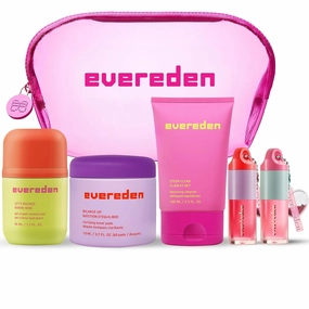 Evereden Preppy Teen Skincare Collection & Lip Gloss Set – Triple Green Tea Cleanser Teen Face Wash, Gel-Cream Moisturizer, Toner Pads for Face & Tinted Non-Toxic Lip Gloss (Ruby Red & Sakura Pink)