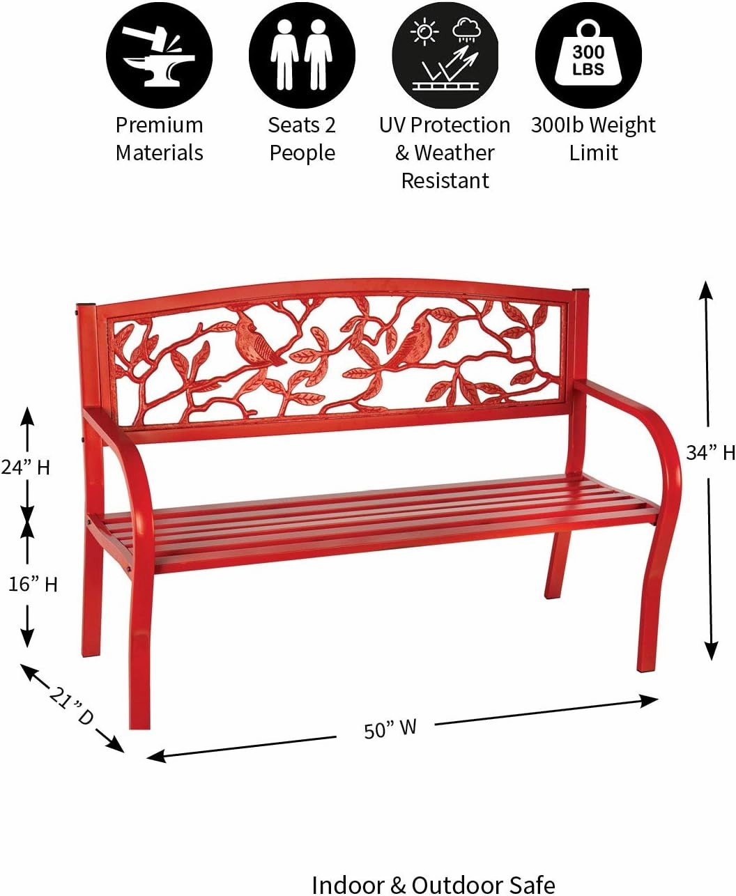 Evergreen Weatherproof Cardinal Outdoor Bench | Holds Up to 300 lbs | Furniture for Lawn Garden Patio Porch Park Deck | Steel | Red