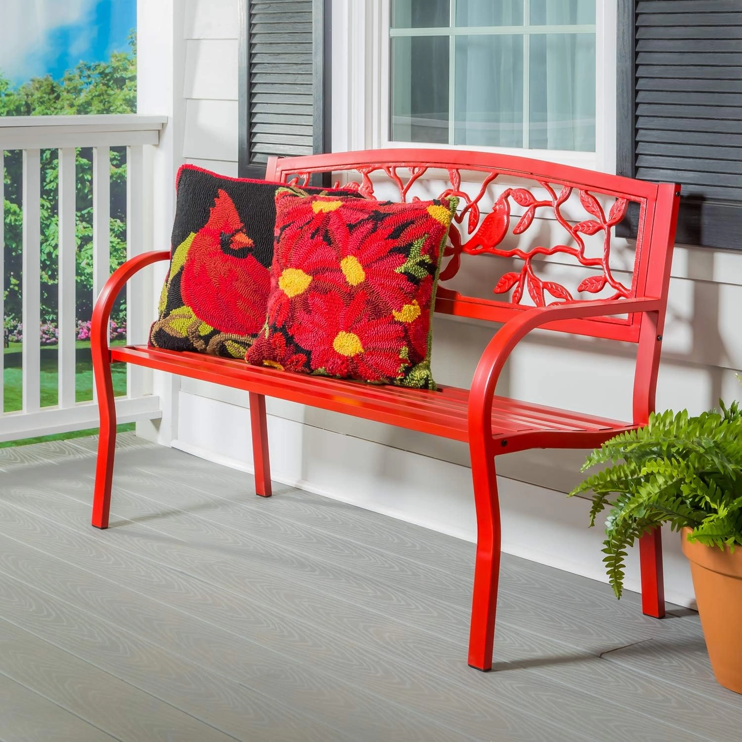 Evergreen Weatherproof Cardinal Outdoor Bench | Holds Up to 300 lbs | Furniture for Lawn Garden Patio Porch Park Deck | Steel | Red