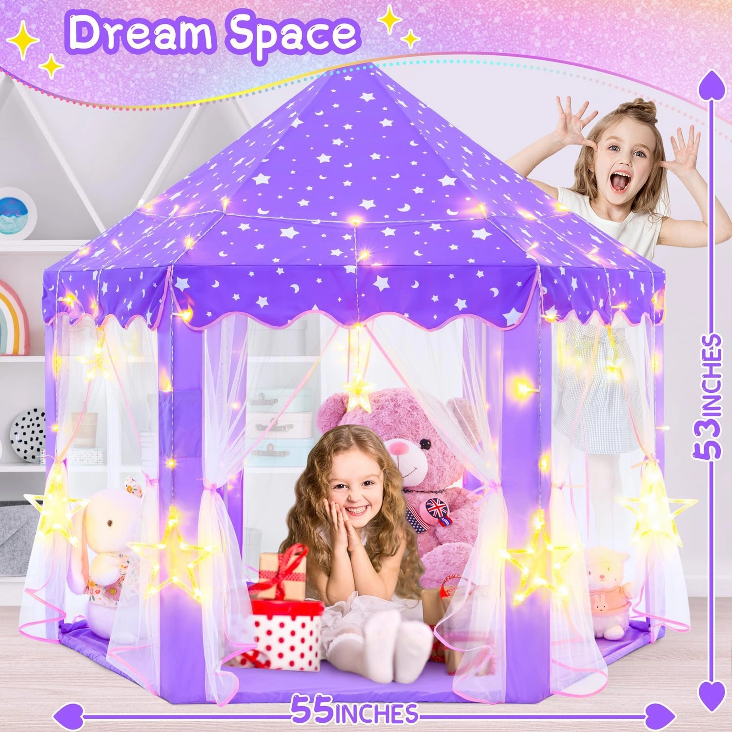 EVOIONOS Purple Princess Tent for Girls, Kids Play Tent with Large Star Lights, Castle Playhouse for Children Indoor Outdoor Games, 55 x 53 inches