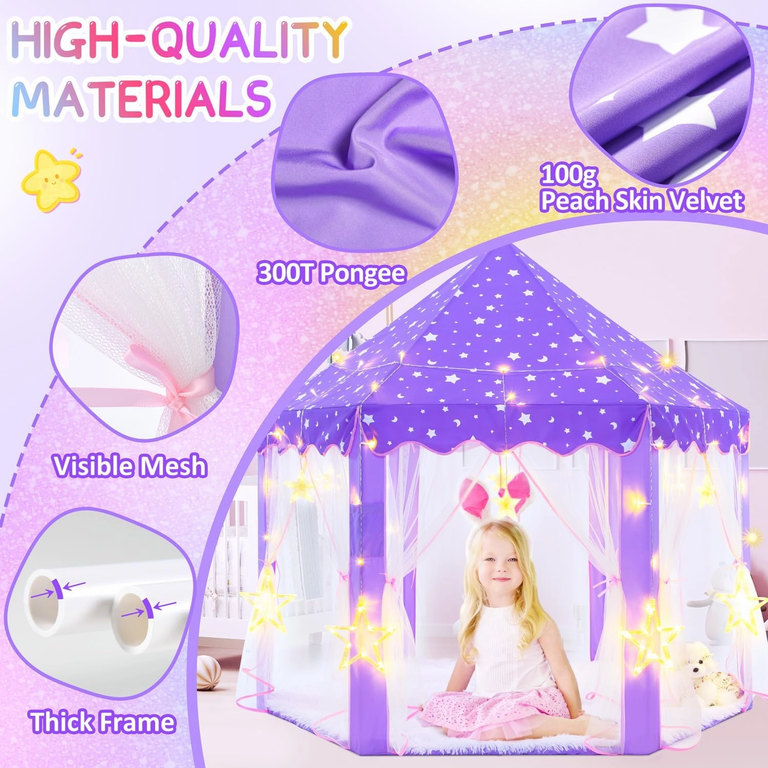 EVOIONOS Purple Princess Tent for Girls, Kids Play Tent with Large Star Lights, Castle Playhouse for Children Indoor Outdoor Games, 55 x 53 inches