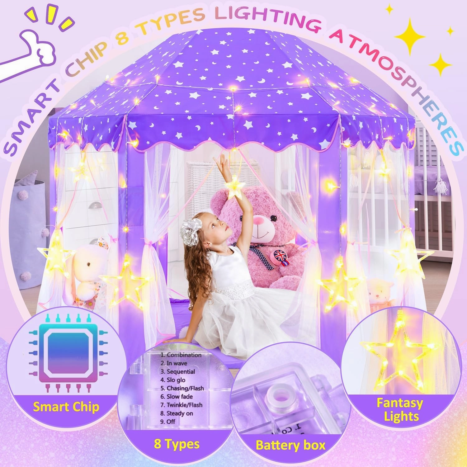 EVOIONOS Purple Princess Tent for Girls, Kids Play Tent with Large Star Lights, Castle Playhouse for Children Indoor Outdoor Games, 55 x 53 inches