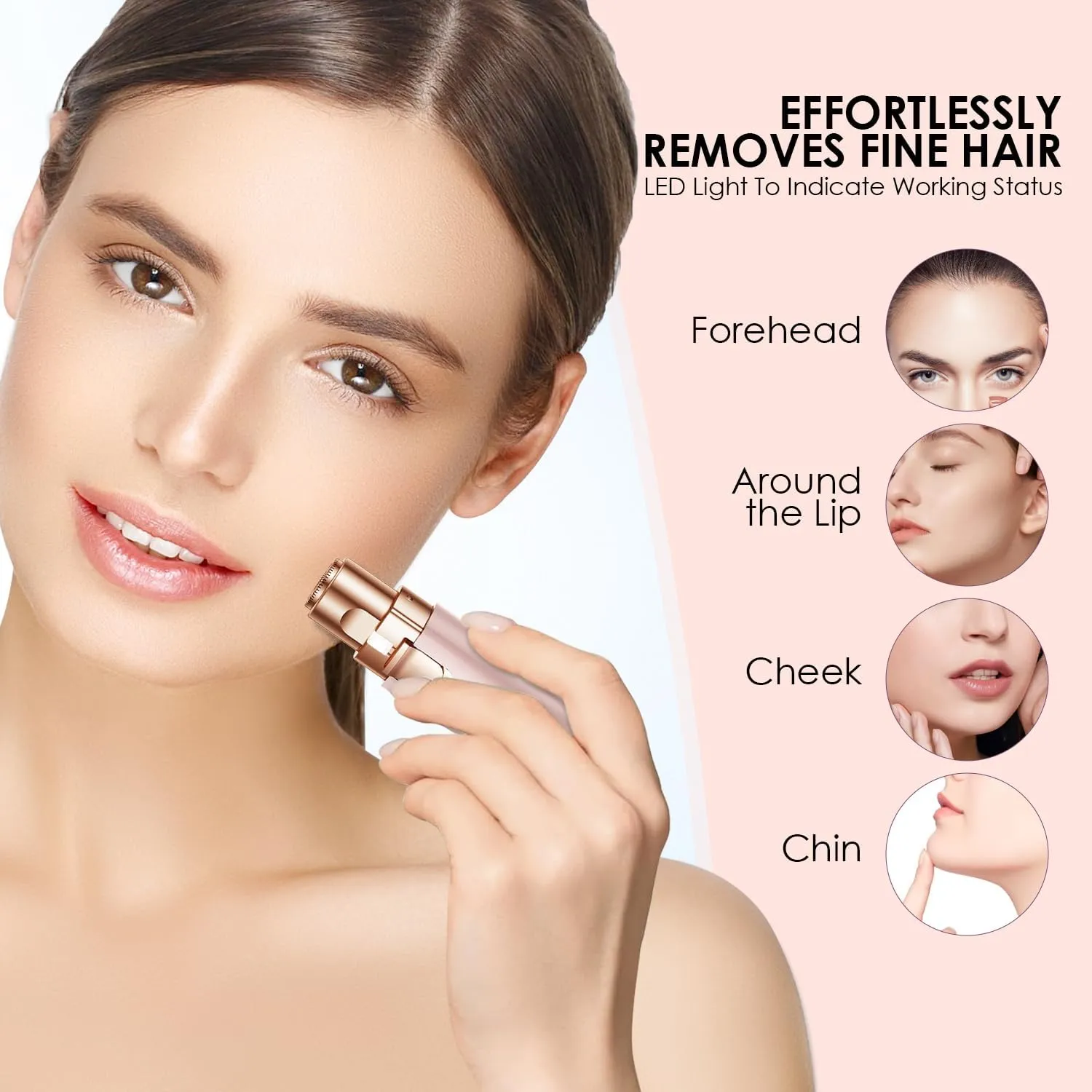 Eyebrow Facial Trimmer: 2 in1 Rechargeable Facial Hair Removal and Eyebrow Shaver - Face Lips Body Painless Facial Razor with Built-in LED Light (Pink)