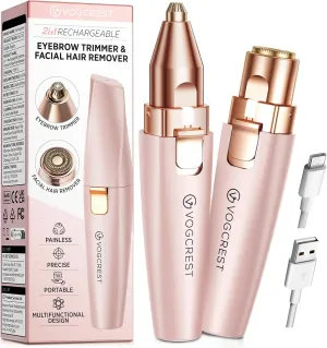 Eyebrow Facial Trimmer: 2 in1 Rechargeable Facial Hair Removal and Eyebrow Shaver - Face Lips Body Painless Facial Razor with Built-in LED Light (Pink)