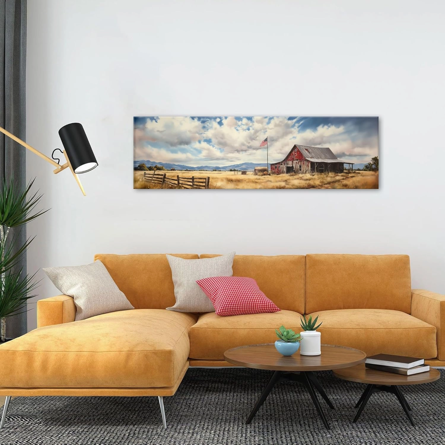 Farmhouse Old Barn Wall Art Rustic Country Farm Landscape Pictures Canvas Prints for Living Room Bedroom Rural Barn Scene Panoramic Wall Decor USA Flag Painting Artwork Office Home Decorations 14x48"