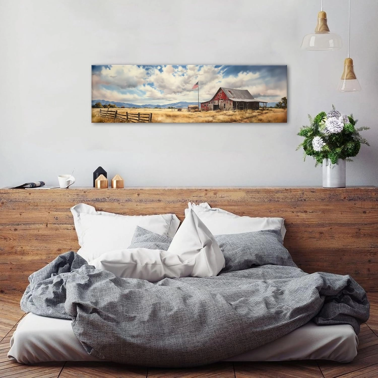 Farmhouse Old Barn Wall Art Rustic Country Farm Landscape Pictures Canvas Prints for Living Room Bedroom Rural Barn Scene Panoramic Wall Decor USA Flag Painting Artwork Office Home Decorations 14x48"