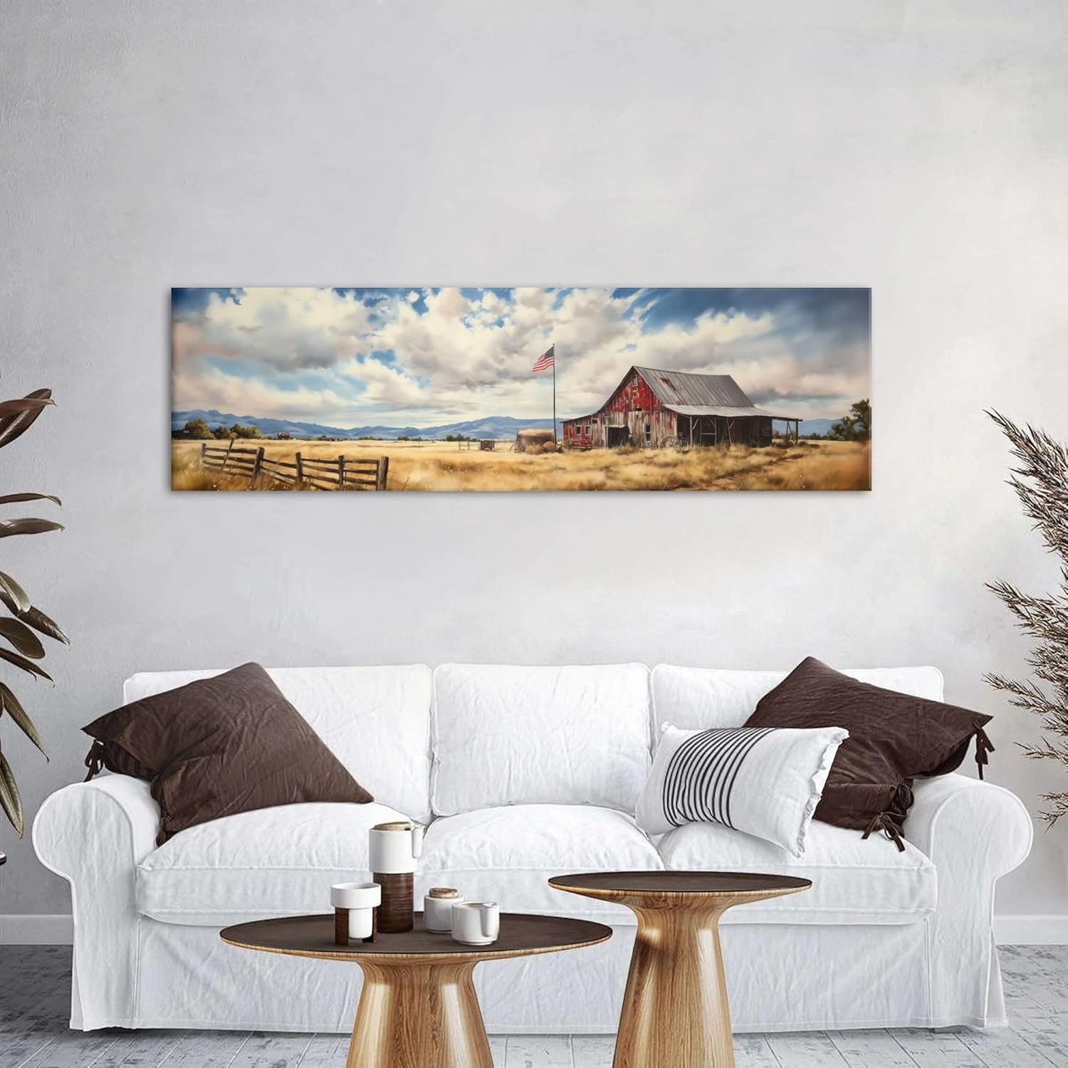 Farmhouse Old Barn Wall Art Rustic Country Farm Landscape Pictures Canvas Prints for Living Room Bedroom Rural Barn Scene Panoramic Wall Decor USA Flag Painting Artwork Office Home Decorations 14x48"