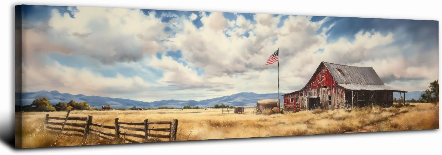 Farmhouse Old Barn Wall Art Rustic Country Farm Landscape Pictures Canvas Prints for Living Room Bedroom Rural Barn Scene Panoramic Wall Decor USA Flag Painting Artwork Office Home Decorations 14x48"