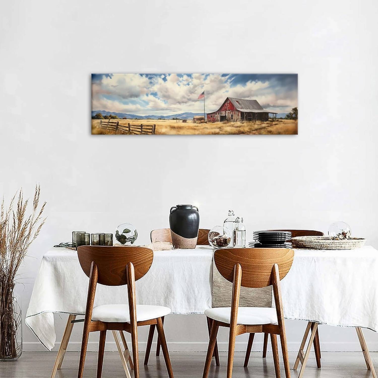 Farmhouse Old Barn Wall Art Rustic Country Farm Landscape Pictures Canvas Prints for Living Room Bedroom Rural Barn Scene Panoramic Wall Decor USA Flag Painting Artwork Office Home Decorations 14x48"