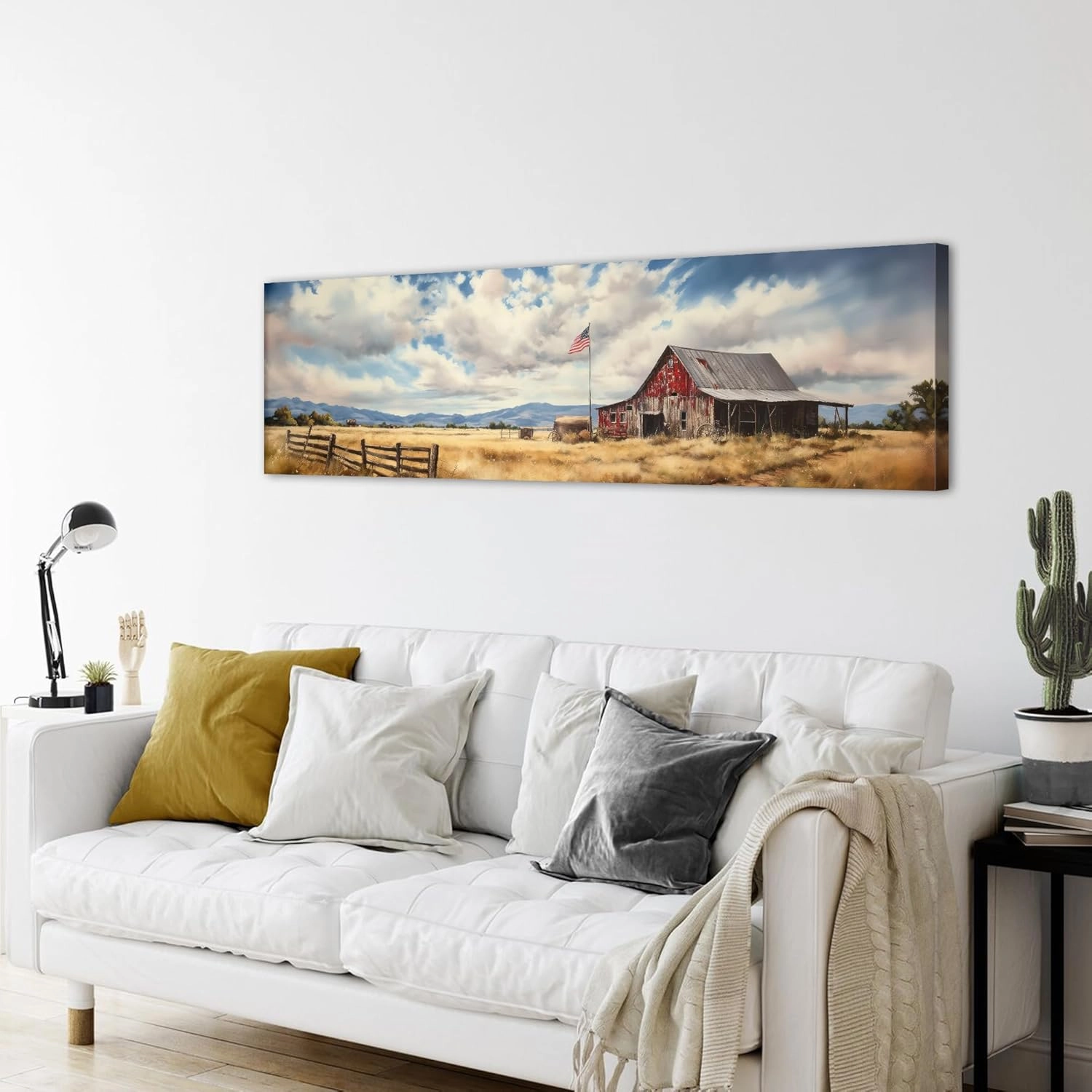 Farmhouse Old Barn Wall Art Rustic Country Farm Landscape Pictures Canvas Prints for Living Room Bedroom Rural Barn Scene Panoramic Wall Decor USA Flag Painting Artwork Office Home Decorations 14x48"