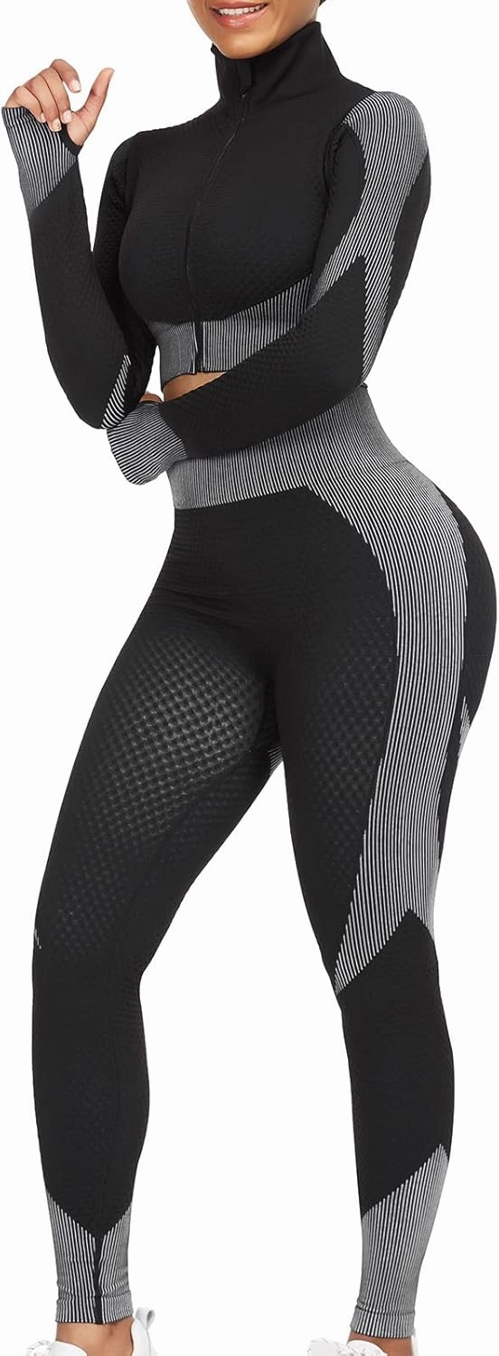FeelinGirl Workout Sets for Women-2 Piece Seamless Yoga Outfit High Waist Leggings Crop Top Gym Sets