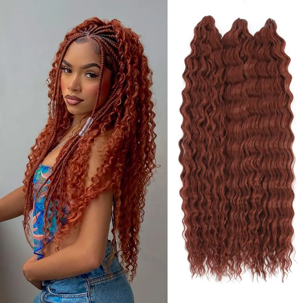 Felek Ocean Wave Crochet Braiding Hair 30inch 3 Packs Copper Red Long Water Wave Wavy Deep Curly Crochet Braids Hair For Black Women (Reddish Brown, #360)