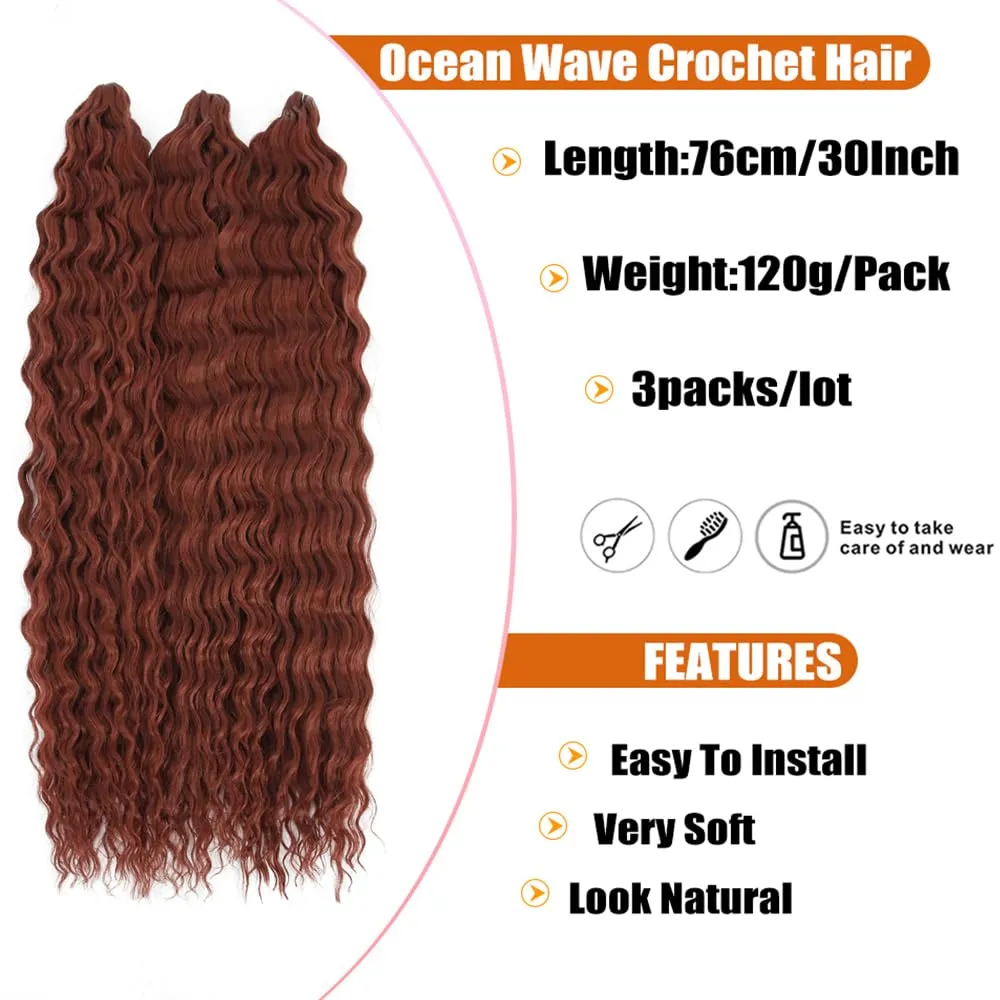 Felek Ocean Wave Crochet Braiding Hair 30inch 3 Packs Copper Red Long Water Wave Wavy Deep Curly Crochet Braids Hair For Black Women (Reddish Brown, #360)