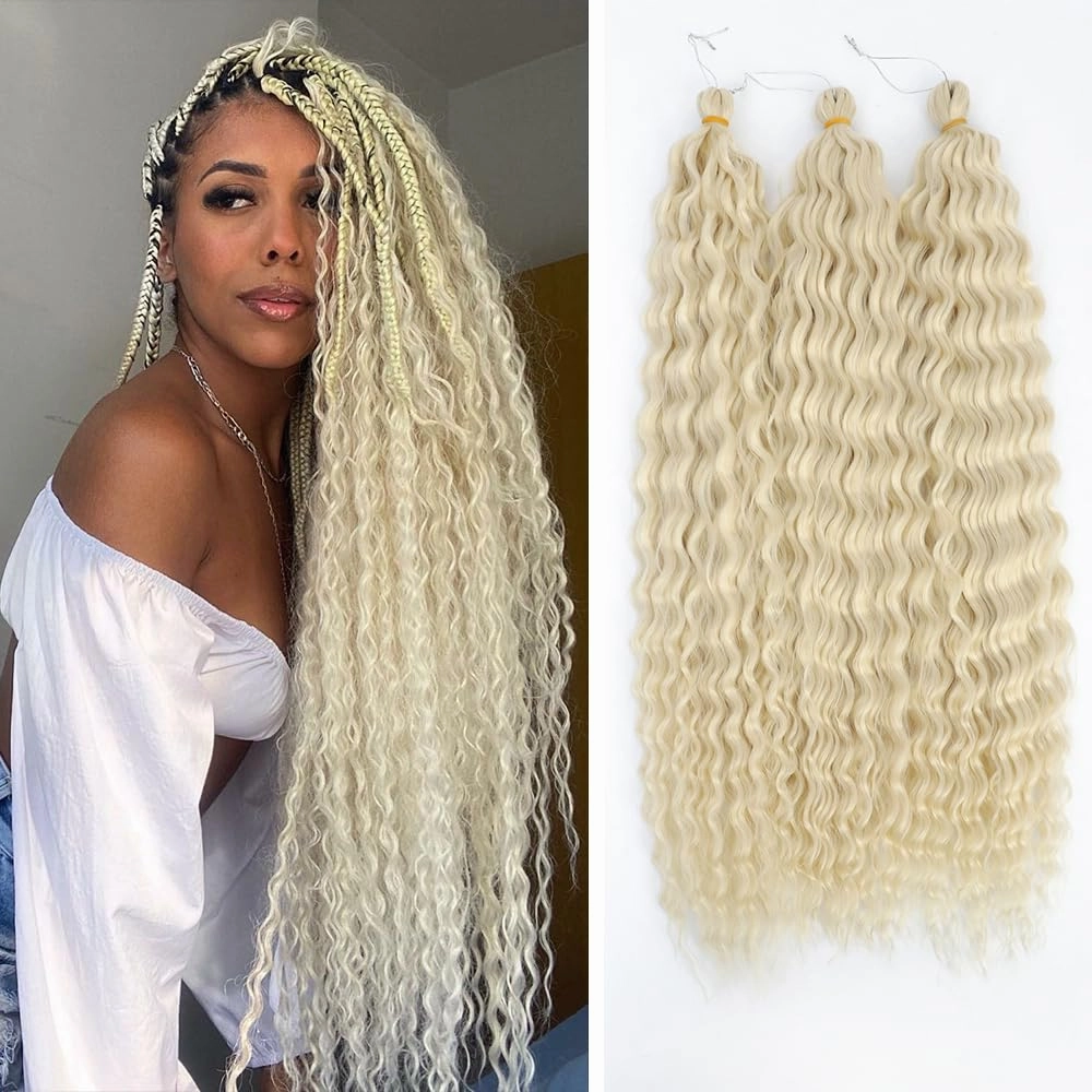 Felek Ocean Wave Crochet Braiding Hair 30inch 3 Packs Blonde Color Long Deep Water Synthetic Wavy Curly Crochet Braids Hair For Black Women (Blonde, 613)
