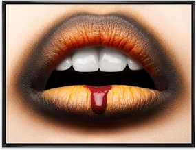 Female Lips With Black & Orange Lipstick - Modern Framed Canvas Wall Art Print