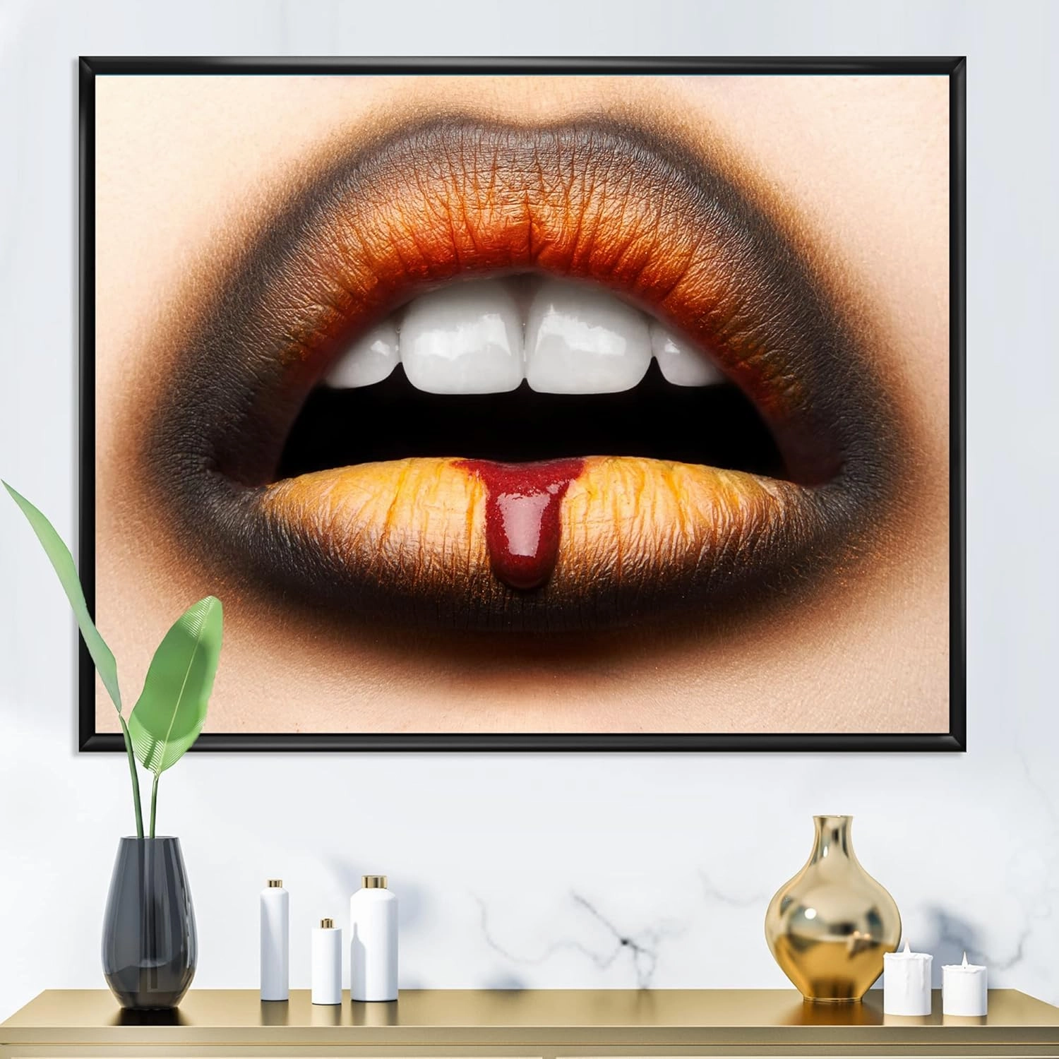 Female Lips With Black & Orange Lipstick - Modern Framed Canvas Wall Art Print