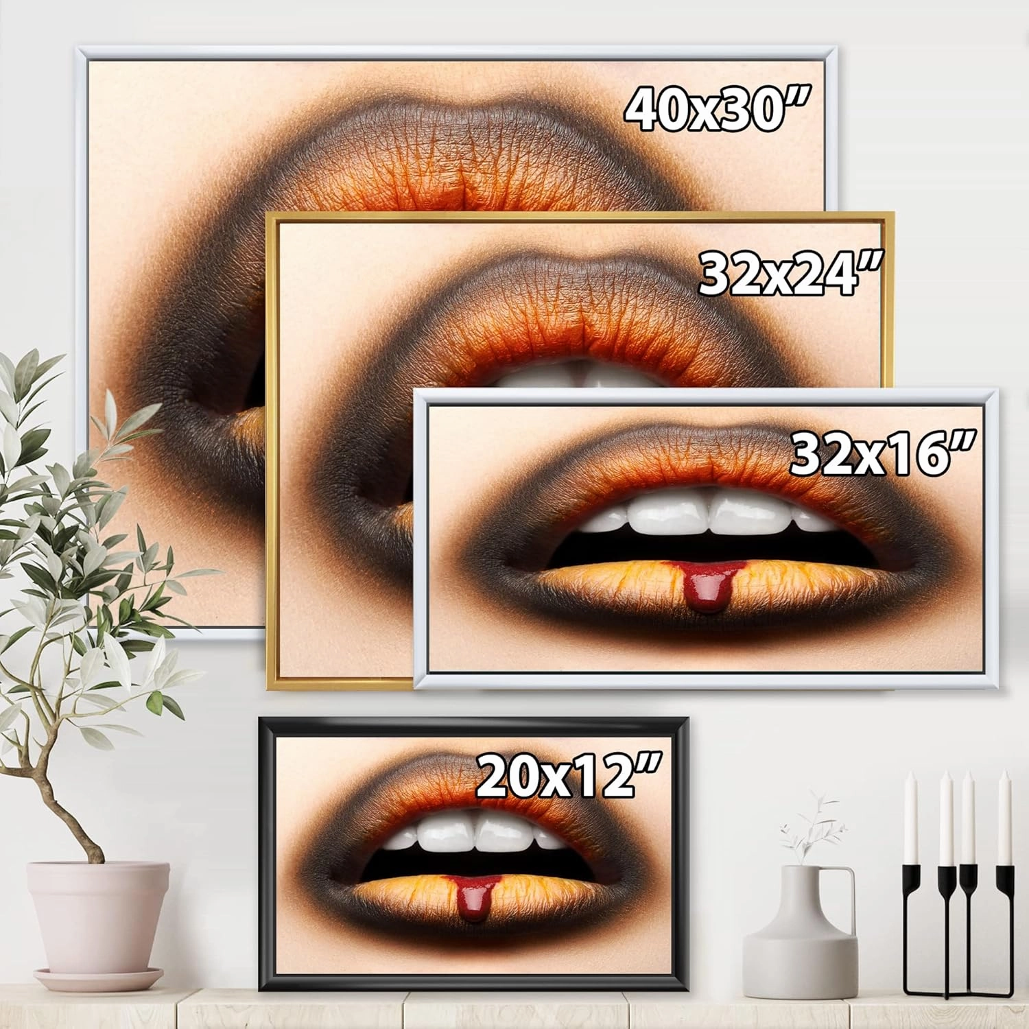 Female Lips With Black & Orange Lipstick - Modern Framed Canvas Wall Art Print