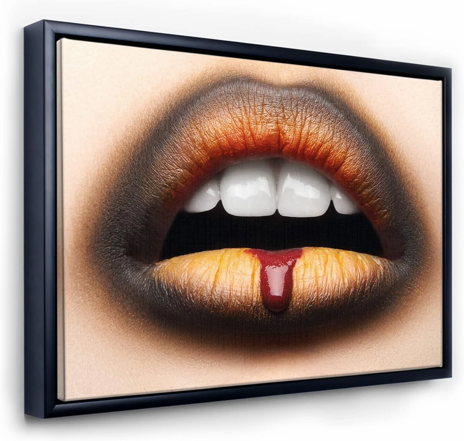 Female Lips With Black & Orange Lipstick - Modern Framed Canvas Wall Art Print
