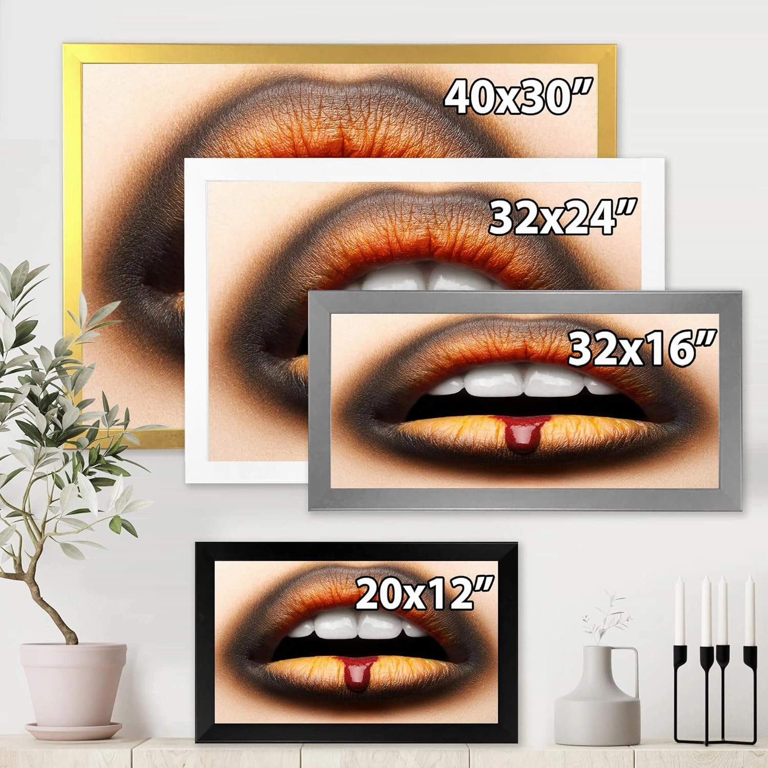 Female Lips With Black & Orange Lipstick Modern Framed Wall Art