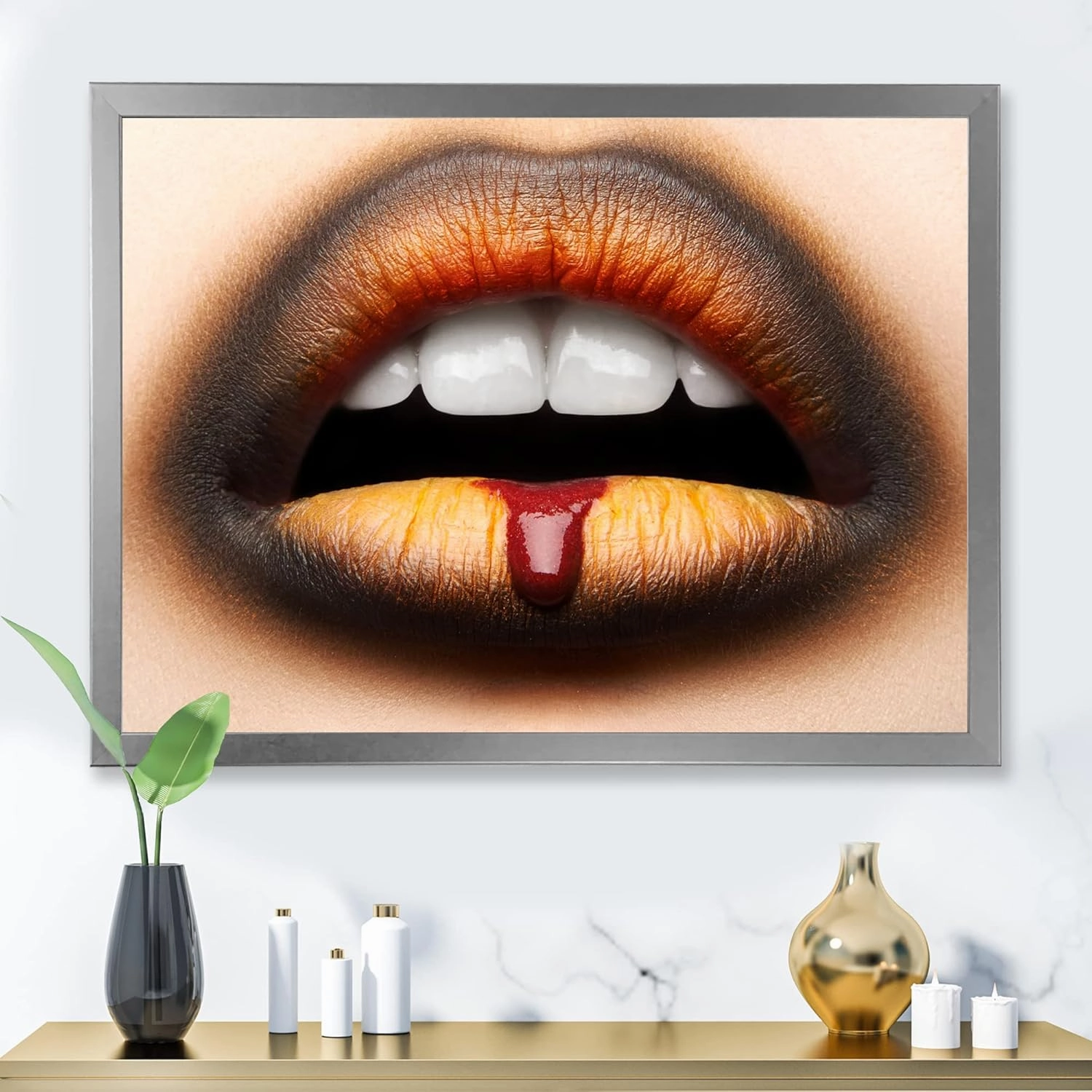 Female Lips With Black & Orange Lipstick Modern Framed Wall Art