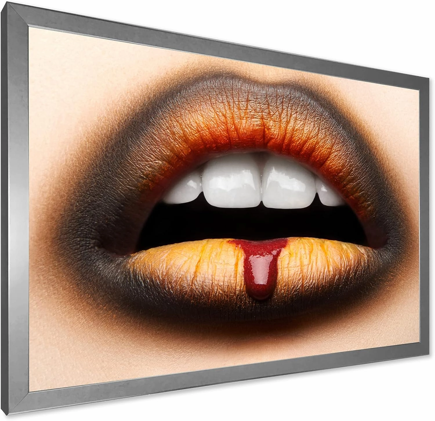Female Lips With Black & Orange Lipstick Modern Framed Wall Art