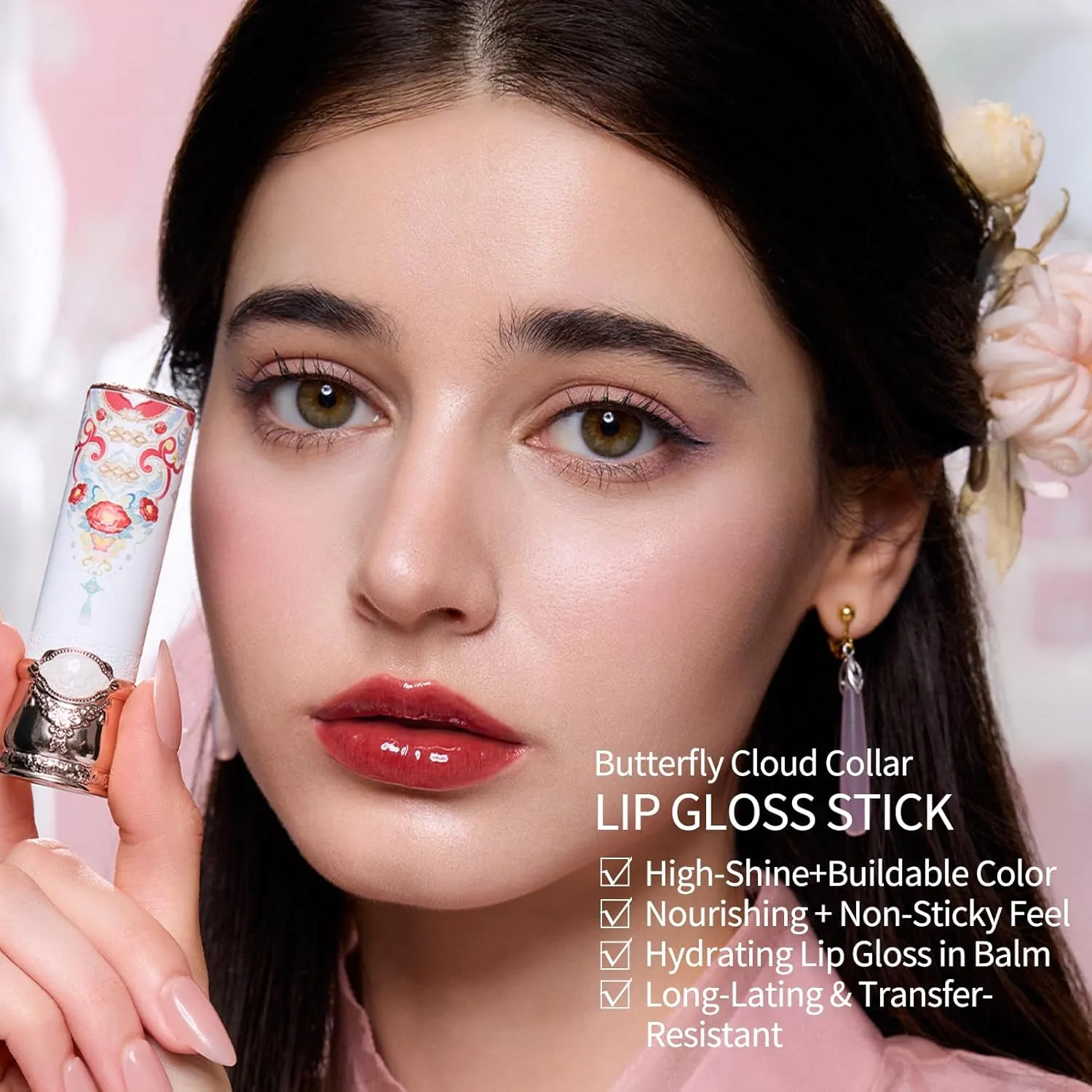 Flower Knows Butterfly Cloud Collar Glossy Lipstick,Hydrating Solid Lip Gloss,Moisturizing Red Tinted Lip Balm,Long Lasting Lip Gloss in Balm for Girls&Women,Vegan & Cruelty-Free(C09 Camellia)