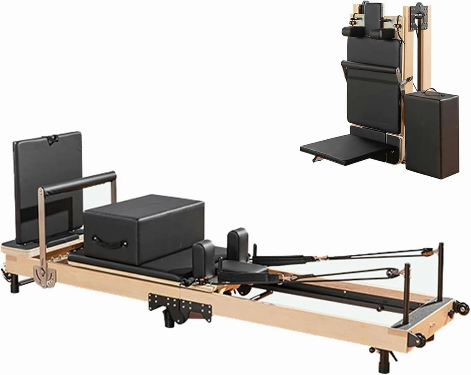 Foldable Pilates Reformer, Padded Jump Board，Wood Pilates Machine Bed Yoga Exercise Strength Training Equipment for Home Workouts