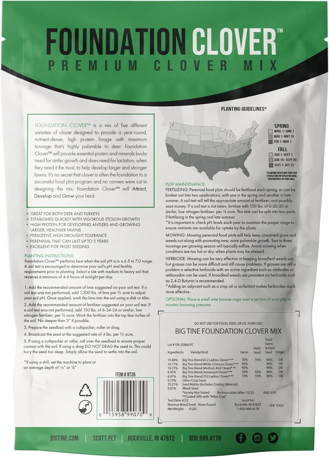 Food Plot Mix, Deer Attractant, Foundation Clover, Premium Clover Mix, 4 lbs Bag, Perennial, Great for Food Plots, High Drought Tolerance