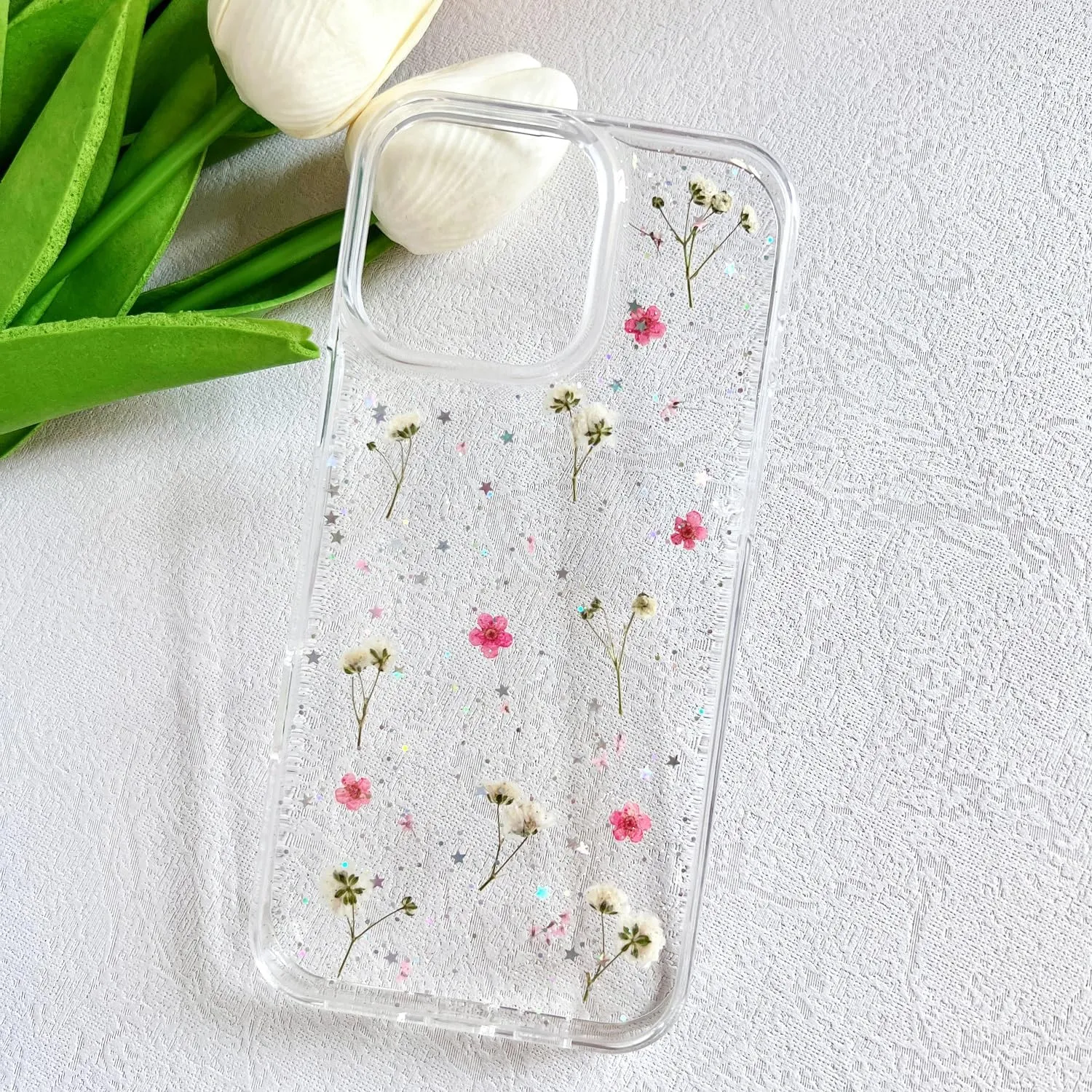 for iPhone 16 Pro Clear Case with Pressed Real Flowers Design,Glitter Cute Pink Floral Pattern Slim Soft TPU Protective Women Girl's Phone Cover for iPhone 16 Pro