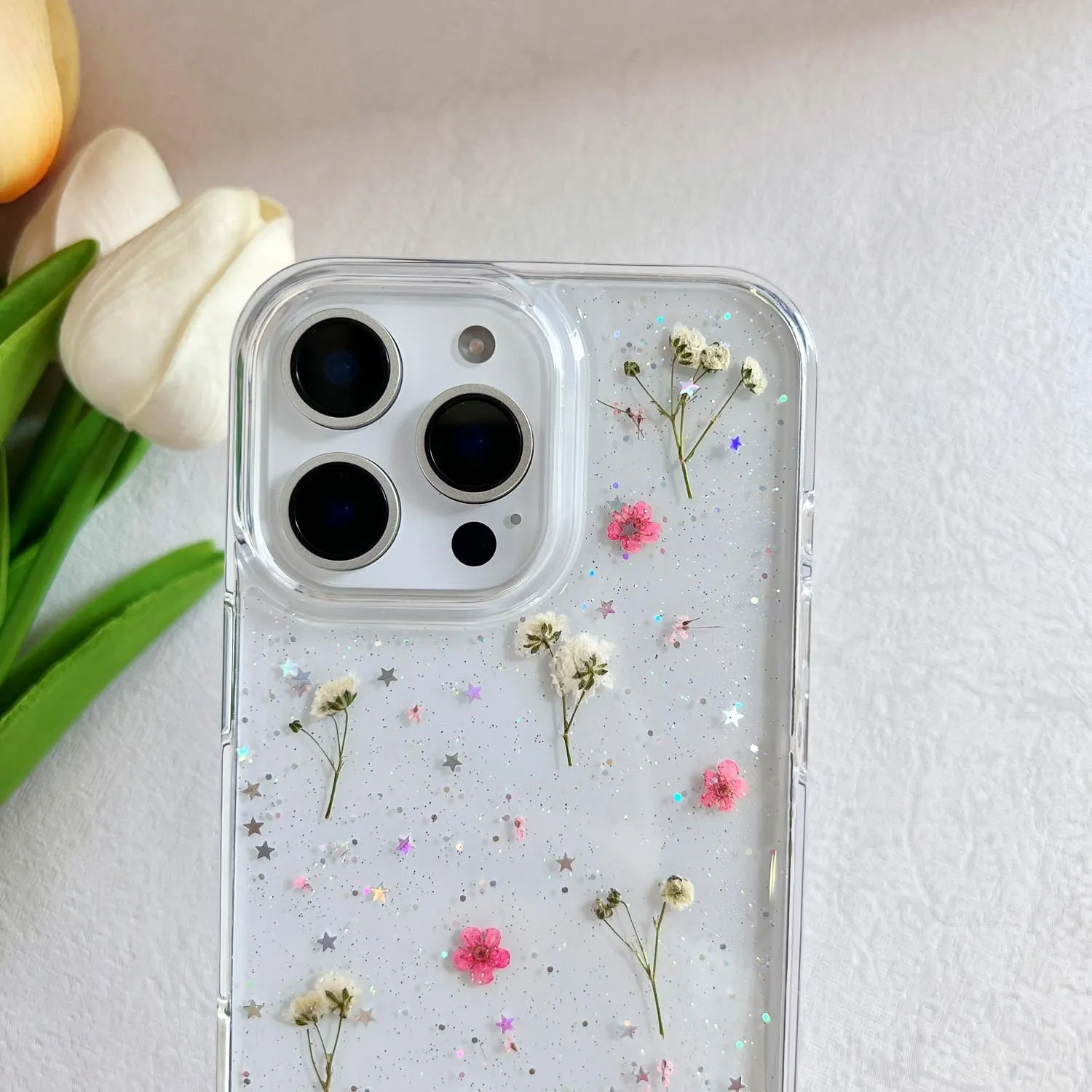 for iPhone 16 Pro Clear Case with Pressed Real Flowers Design,Glitter Cute Pink Floral Pattern Slim Soft TPU Protective Women Girl's Phone Cover for iPhone 16 Pro