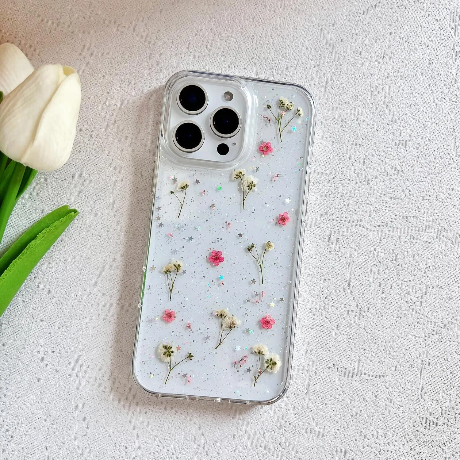 for iPhone 16 Pro Clear Case with Pressed Real Flowers Design,Glitter Cute Pink Floral Pattern Slim Soft TPU Protective Women Girl's Phone Cover for iPhone 16 Pro