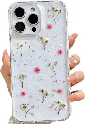for iPhone 16 Pro Clear Case with Pressed Real Flowers Design,Glitter Cute Pink Floral Pattern Slim Soft TPU Protective Women Girl's Phone Cover for iPhone 16 Pro