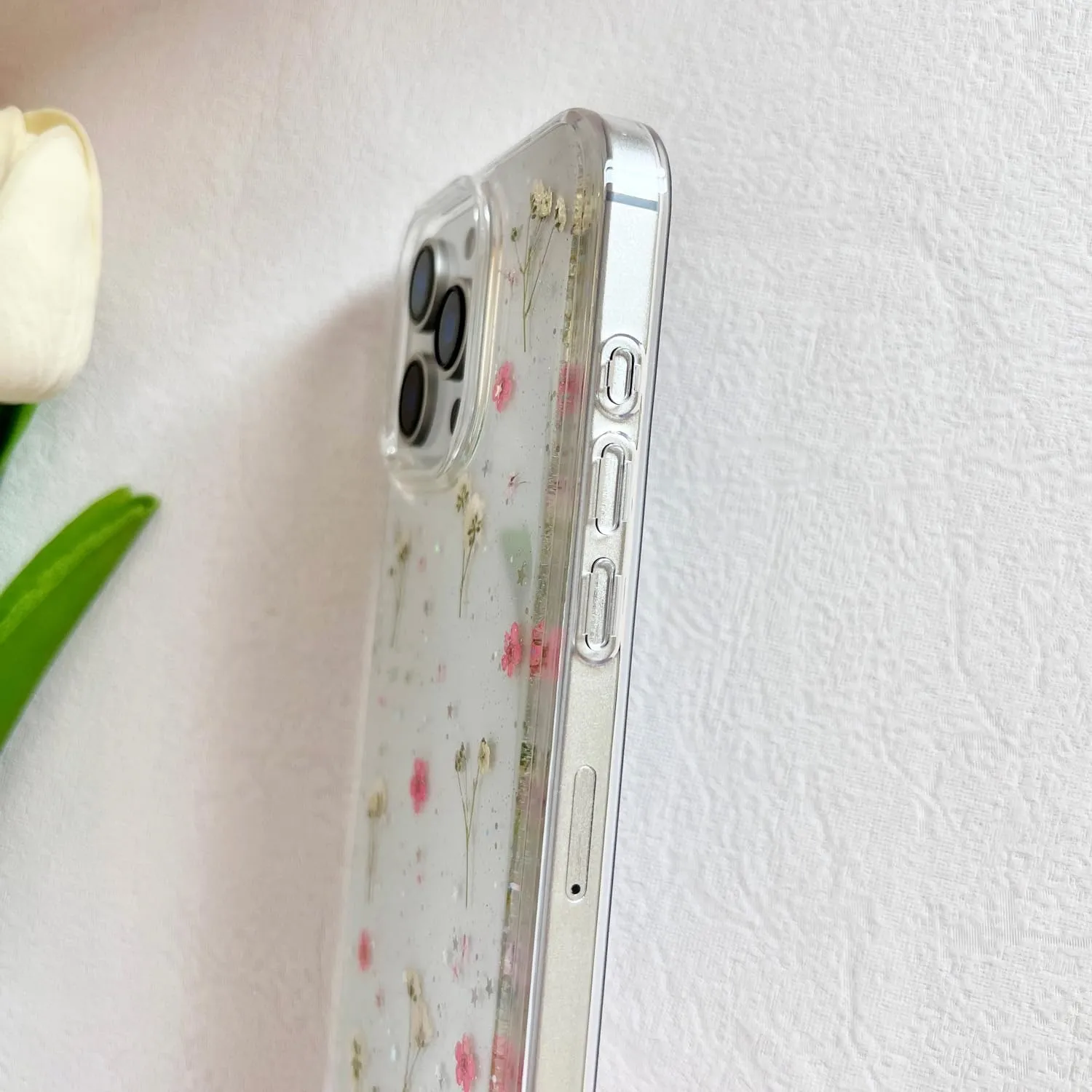 for iPhone 16 Pro Clear Case with Pressed Real Flowers Design,Glitter Cute Pink Floral Pattern Slim Soft TPU Protective Women Girl's Phone Cover for iPhone 16 Pro