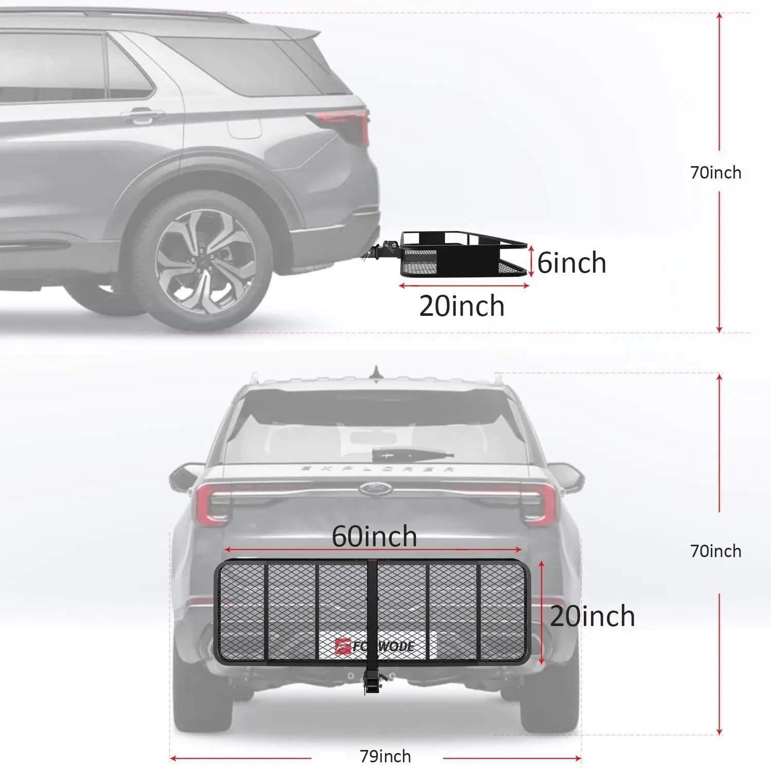 FORWODE 60" x 20" x 6" Folding Cargo Carrier Hitch Mount, 500lbs Capacity Hitch Rack with Antirust Coating for 2-Inch Receiver - Ideal for SUV, Car, Truck, Camping & Trips