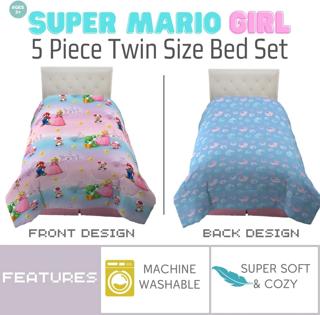 Franco Super Mario Girl Princess Peach Girl Gamer Kids Bedding Super Soft & Cozy Reversible Microfiber Comforter and Sheet Set with Sham, 5 Piece Twin Size, (Officially Licensed Product)