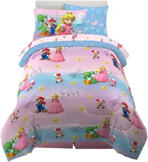 Franco Super Mario Girl Princess Peach Girl Gamer Kids Bedding Super Soft & Cozy Reversible Microfiber Comforter and Sheet Set with Sham, 5 Piece Twin Size, (Officially Licensed Product)