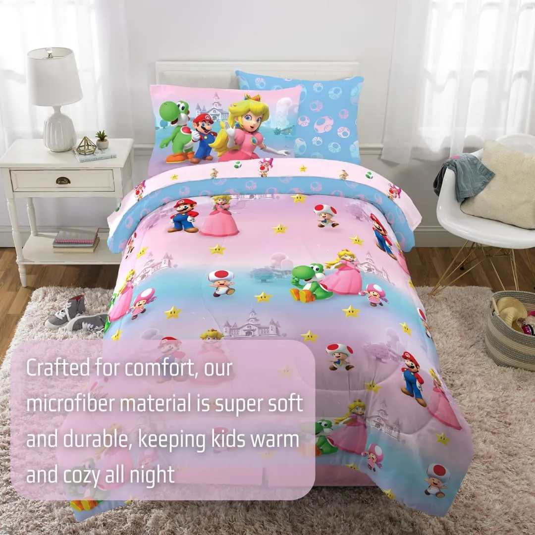 Franco Super Mario Girl Princess Peach Girl Gamer Kids Bedding Super Soft & Cozy Reversible Microfiber Comforter and Sheet Set with Sham, 5 Piece Twin Size, (Officially Licensed Product)