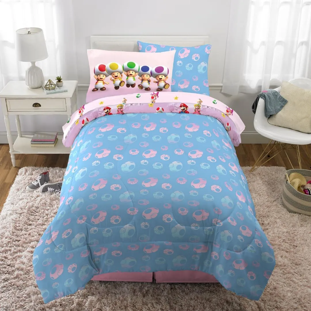 Franco Super Mario Girl Princess Peach Girl Gamer Kids Bedding Super Soft & Cozy Reversible Microfiber Comforter and Sheet Set with Sham, 5 Piece Twin Size, (Officially Licensed Product)