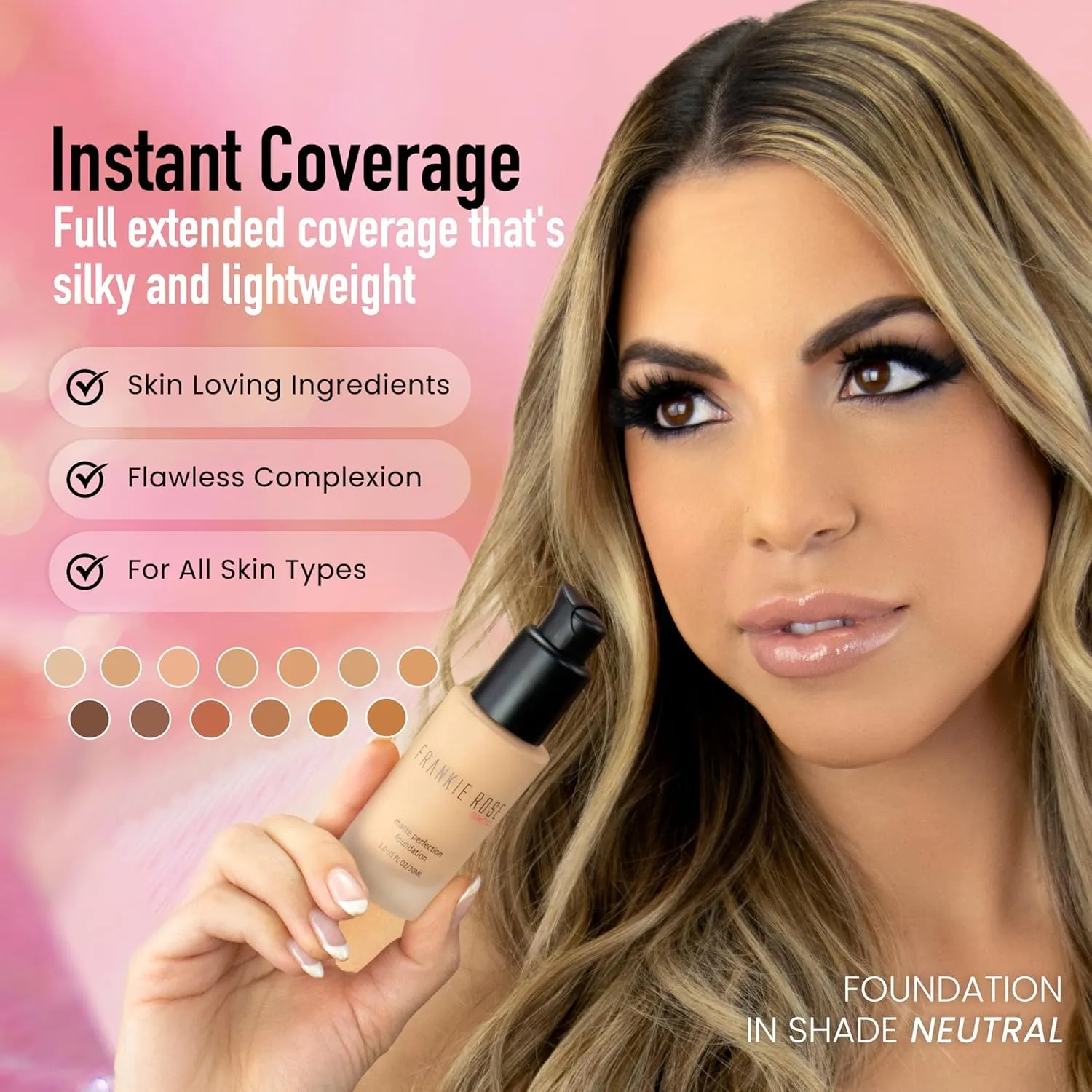 Frankie Rose Cosmetics Matte Perfection Foundation Makeup – Long-Lasting, Hydrating Foundation for Semi-Matte Finish - Foundation Full Coverage for All Skin Types - (Gold) 1.0 US fl oz / 30 ml