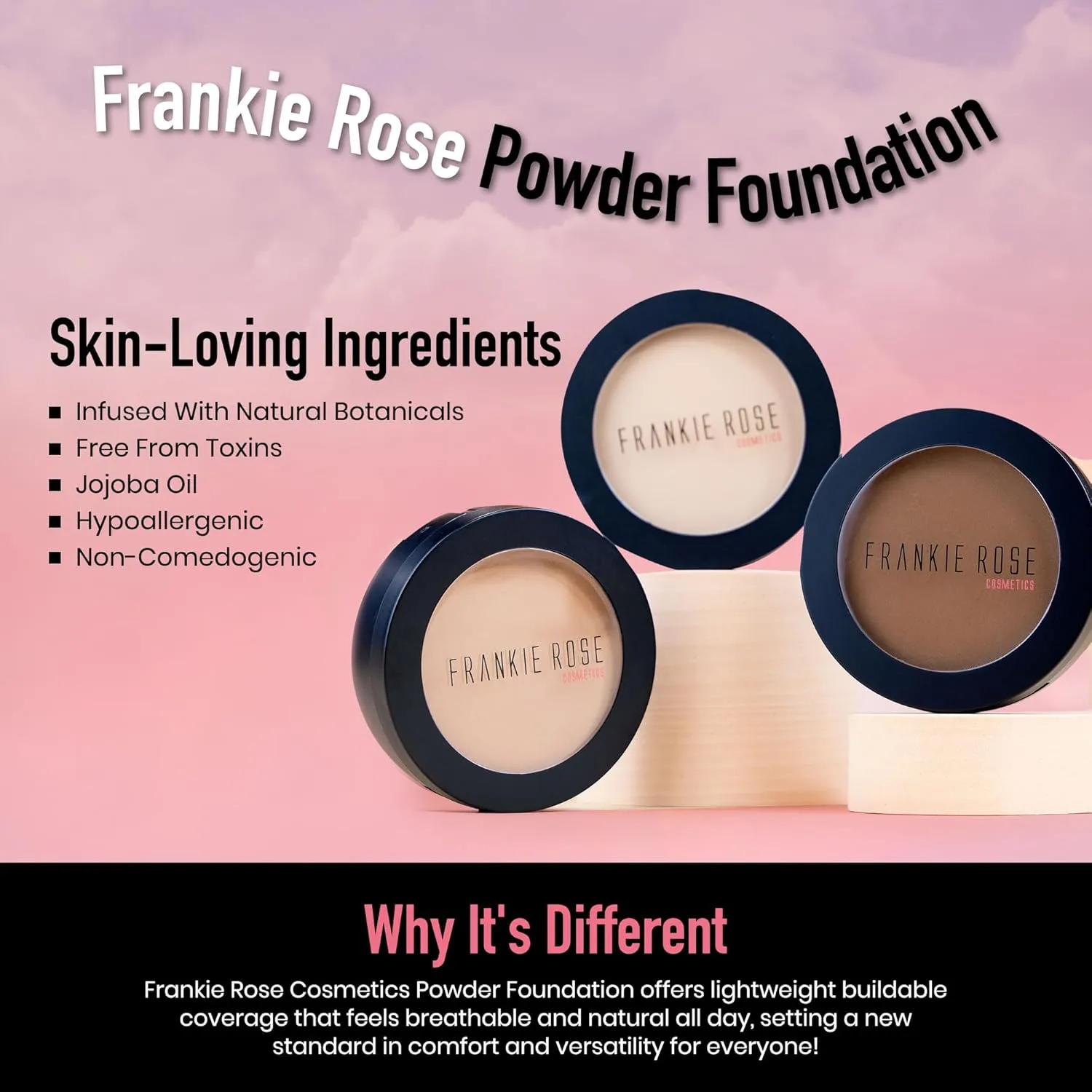 Frankie Rose Cosmetics Powder Foundation – Full Coverage Face Powder For Pores & Imperfections, Evens Out Skin Tone & Shine-Control | 58 Grams (Espresso)