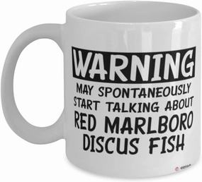Funny Red Marlboro Discus Mug Warning May Spontaneously Start Talking About Red Marlboro Discus Fish Coffee Cup 15oz White
