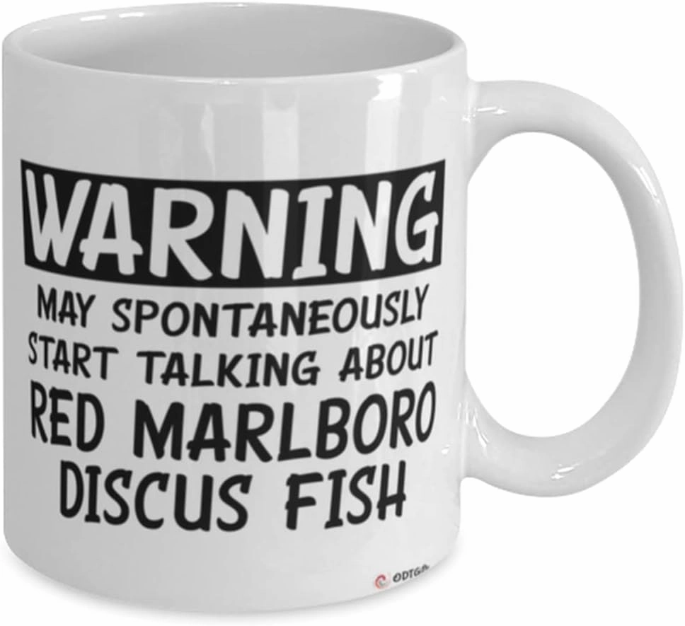 Funny Red Marlboro Discus Mug Warning May Spontaneously Start Talking About Red Marlboro Discus Fish Coffee Cup 15oz White