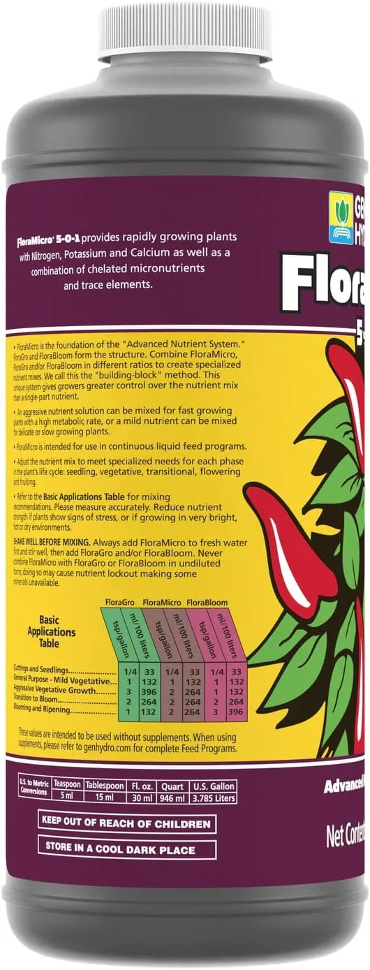 General Hydroponics FloraMicro 5-0-1, Use with FloraBloom & FloraGro For A Tailor-Made Nutrient Mix Ideal for Hydroponics, 1-Quart