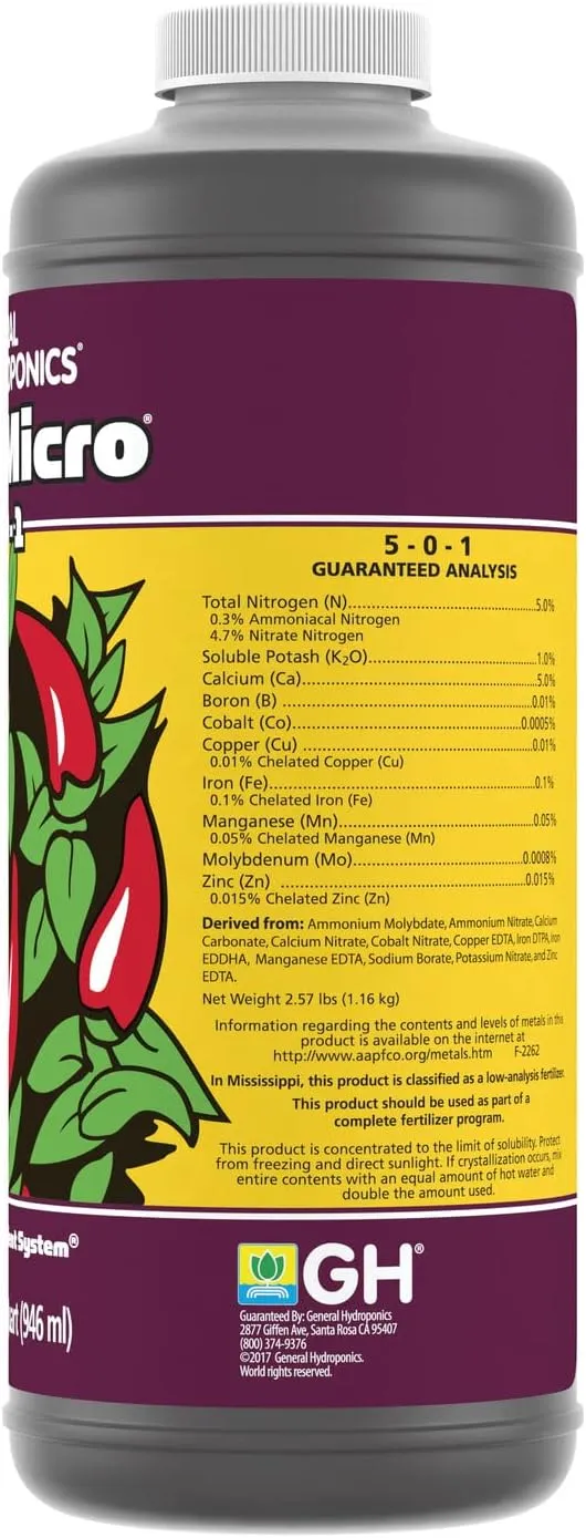 General Hydroponics FloraMicro 5-0-1, Use with FloraBloom & FloraGro For A Tailor-Made Nutrient Mix Ideal for Hydroponics, 1-Quart